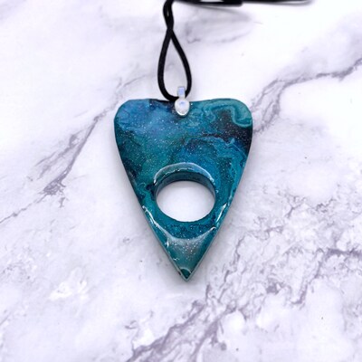 Blue Ouija Planchette Necklace. Ouija board jewelry. Fluid paint necklace. Occult necklace. Ouija pendant. Spring jewelry. - image6